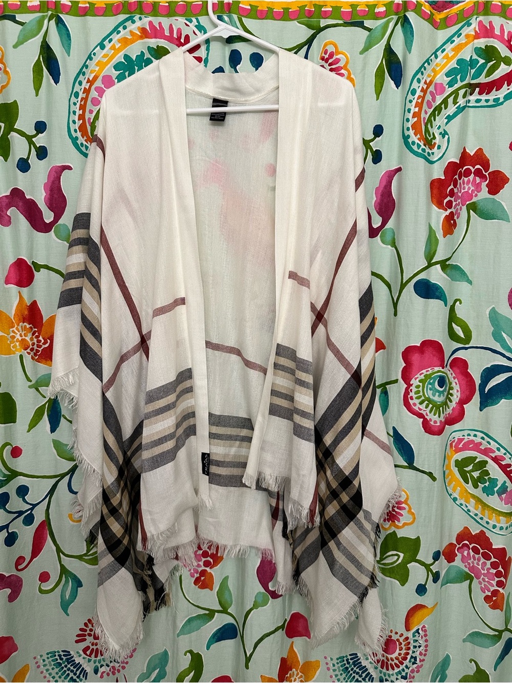 Fraas Cream Plaid Fringe Wrap with Gray, Burgundy and Brown Stripes